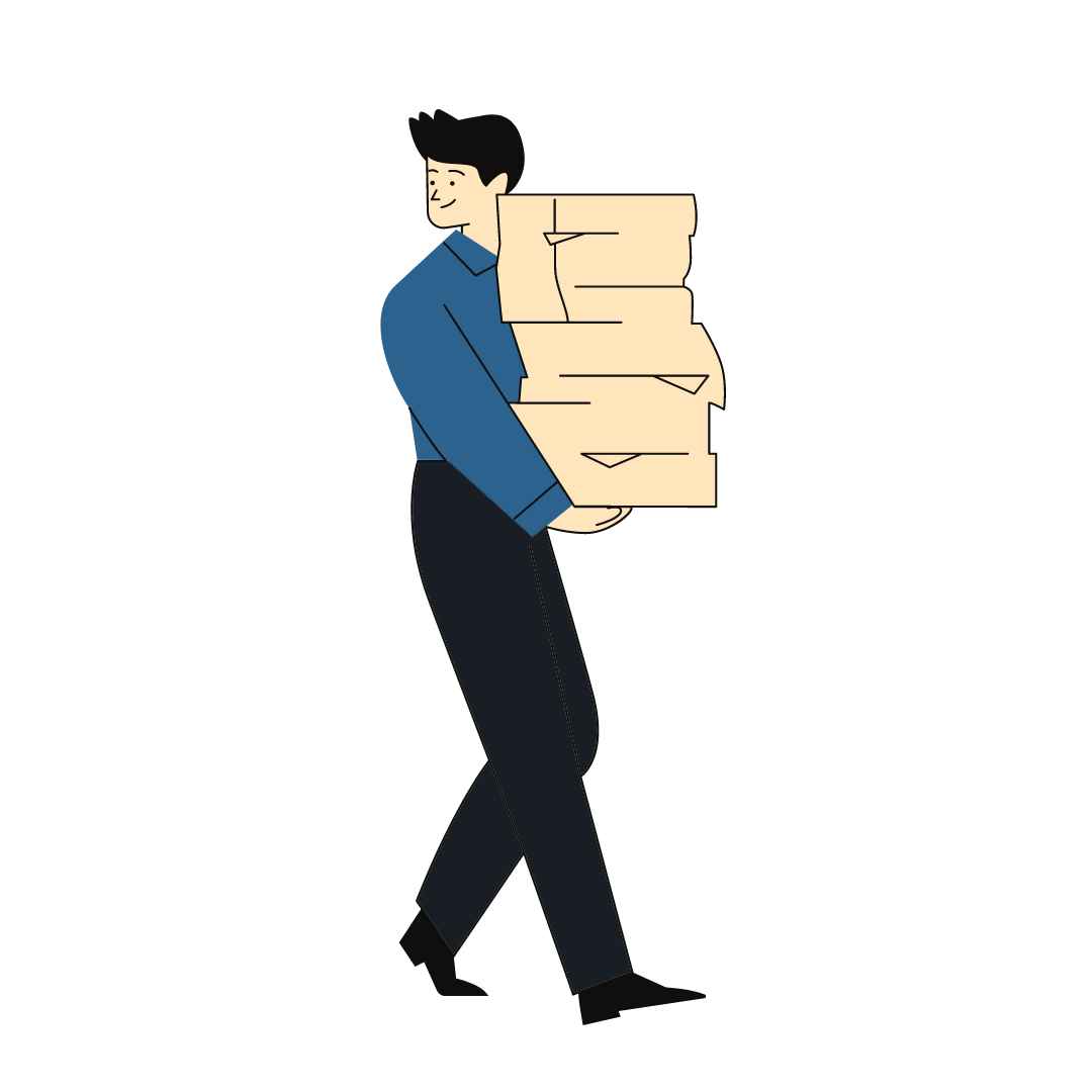 man carrying stacks of backup papers